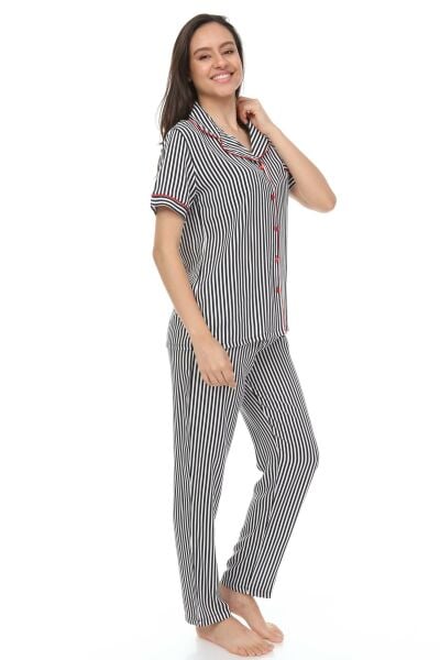 Kısa Kollu Gömlek Yaka Dokuma Pijama Takımı