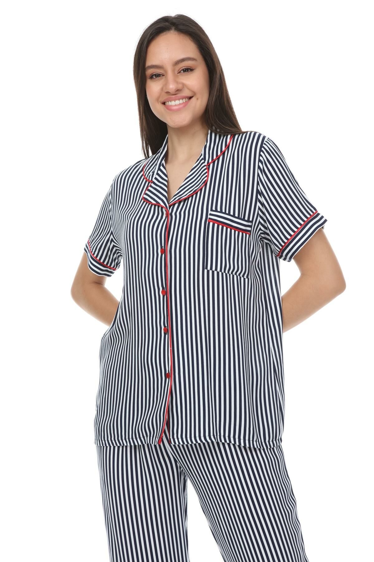 Kısa Kollu Gömlek Yaka Dokuma Pijama Takımı