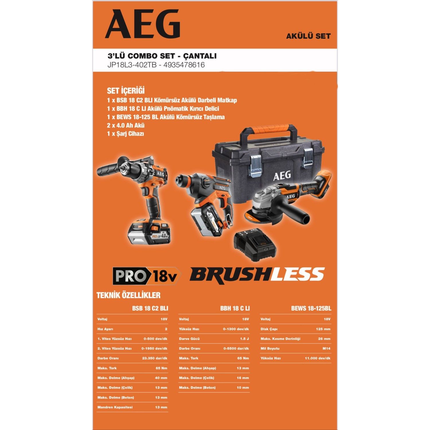 Aeg JP18L3-402TB Comba Profesyonel Akülü Set 3'lü