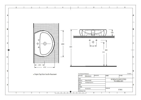 Diamas Beyaz 61 cm Batarya Delikli Lavabo