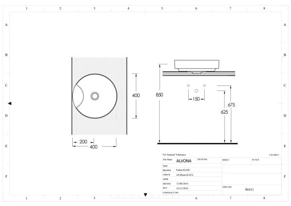 Alvona 40 cm Batarya Delikli Lavabo
