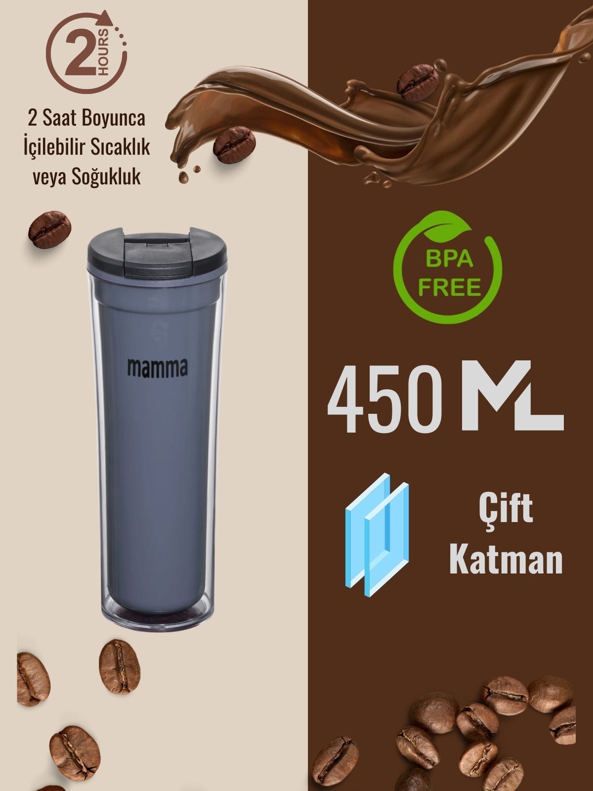 Mamma Maggie 2 Saat Sıcak Tutabilen Çift Katman Mug Bardak 450 ML.