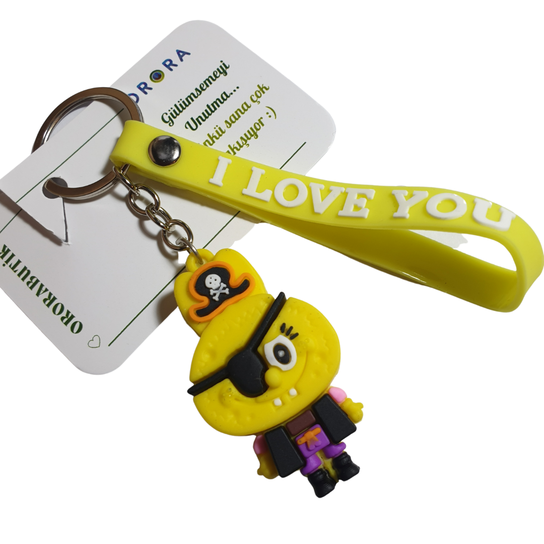 Korsan Sünger Bob, Kawai ve I Love You (Seni Seviyorum) Figürlü Anahtarlık-5cm