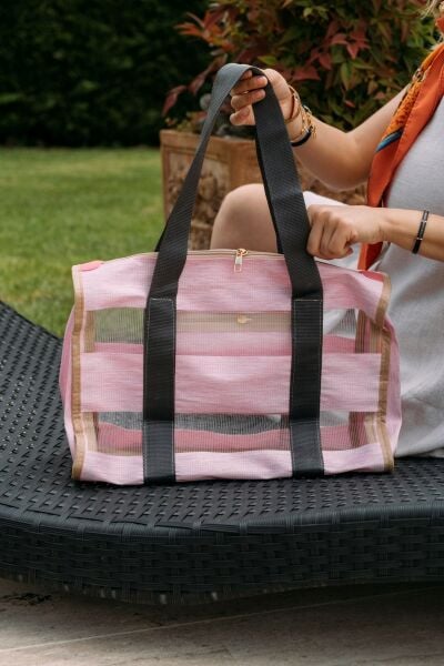 Classic City Bag Kırçılı Pembe Çizgili Şeffaf XL Plaj Çantası / Omuz ve Kol Çanta