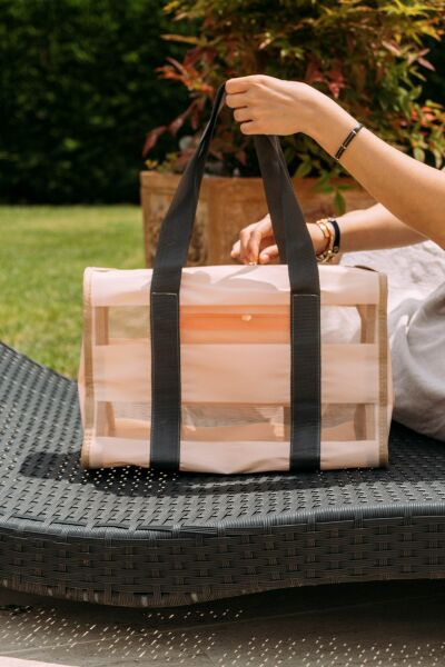 Classic City Bag Rose Çizgili Şeffaf XL Plaj Çantası / Omuz ve Kol Çanta