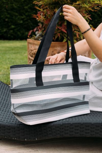 Tote Bag Siyah & Beyaz Çizgili Şeffaf XL Plaj Çantası