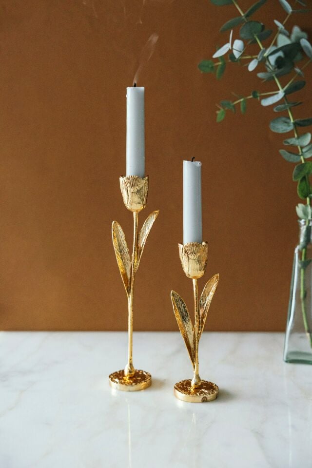2'li Elegant Botanica Altın Yapraklı Mumluk Seti