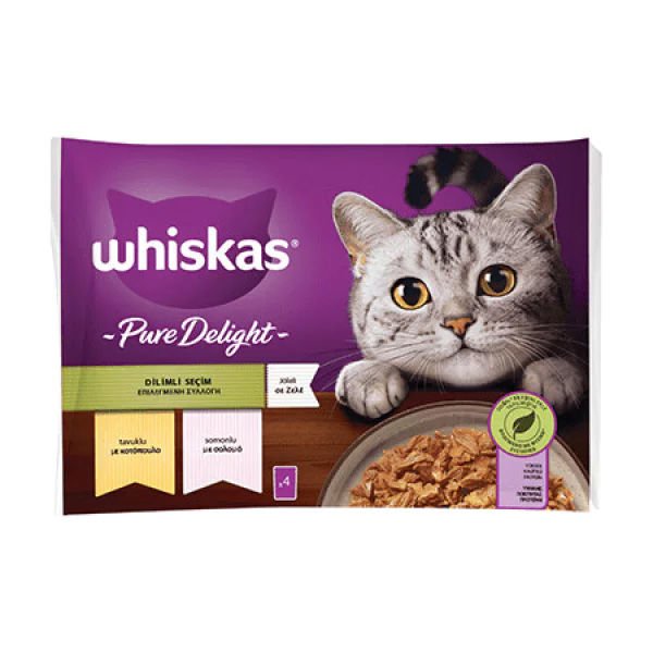 Whiskas Pouch Pure Delight Jöle İçerisinde Tavuklu ve Somonlu Yetişkin Konserve Kedi Maması 4 Adet 85 Gr