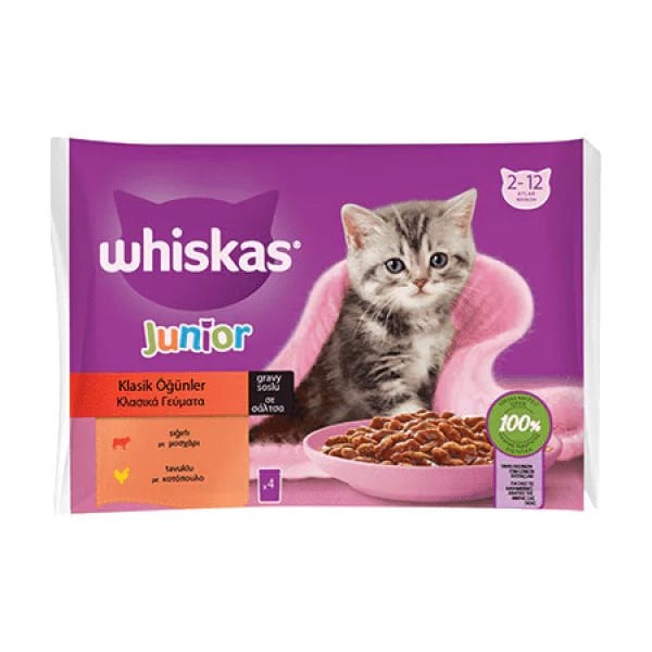 Whiskas Pouch Sos İçerisinde Sığır Etli ve Tavuklu Yavru Konserve Kedi Maması 4 Adet 85 Gr