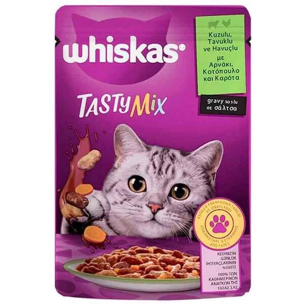 Whiskas Pouch Tasty Mix Sos İçerisinde Kuzu Etli Tavuklu ve Havuçlu Yetişkin Konserve Kedi Maması 85 Gr