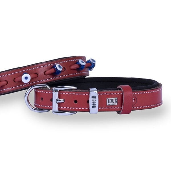 Doggie Comfort Deri Nazar Boncuklu Köpek Boyun Tasması Medium Kırmızı 2x35-40 Cm
