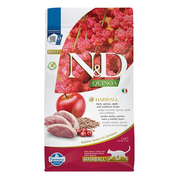 N&D Quinoa Hairball Ördek Etli Kinoa ve Elmalı Yetişkin Kedi Maması 1.5 Kg