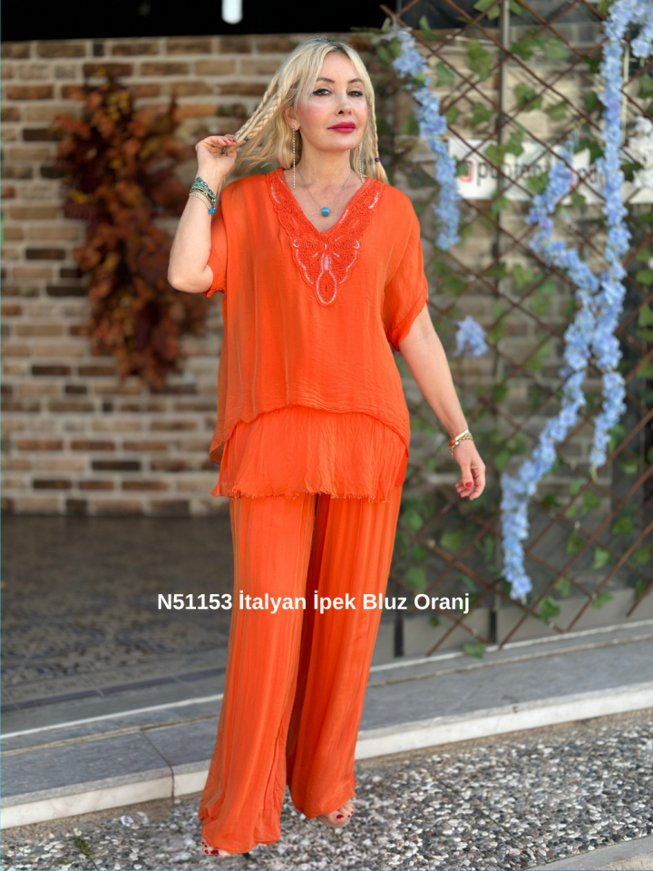 N51153 İtalyan İpek Bluz Oranj