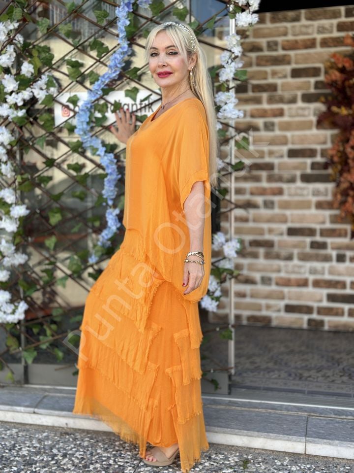 P10203 İtalyan Katlı İpek elbise Oranj