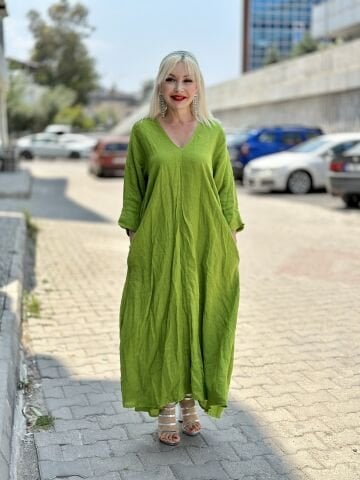 P5002 İtalyan Keten Elbise Yağ Yeşili