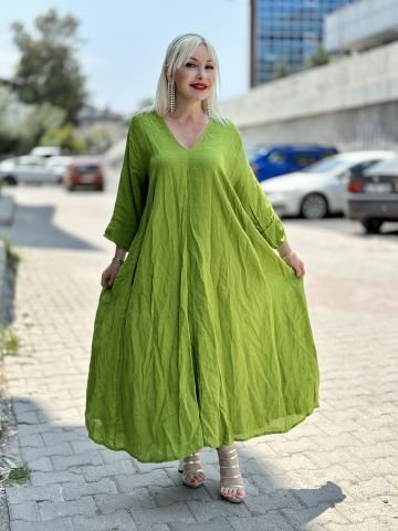 P5002 İtalyan Keten Elbise Yağ Yeşili