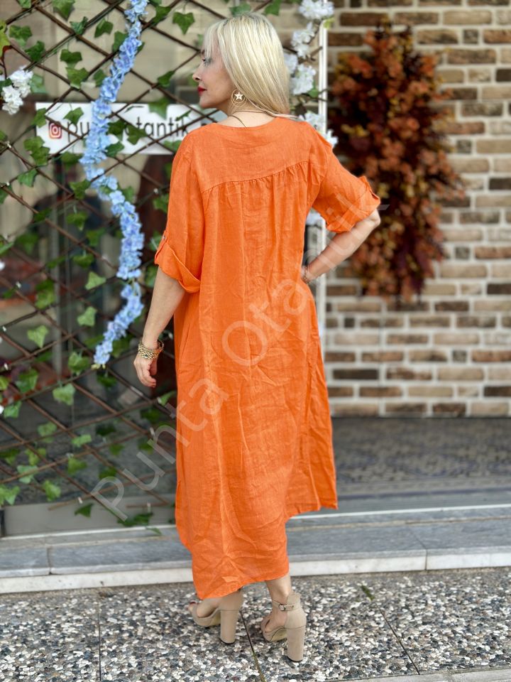 N19538 İtalyan Keten Elbise Oranj