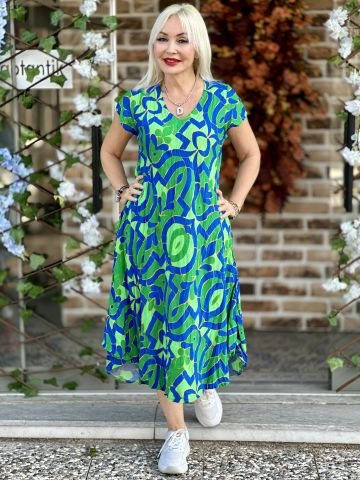 Y12104 Picasso Elbise Saks Yeşil