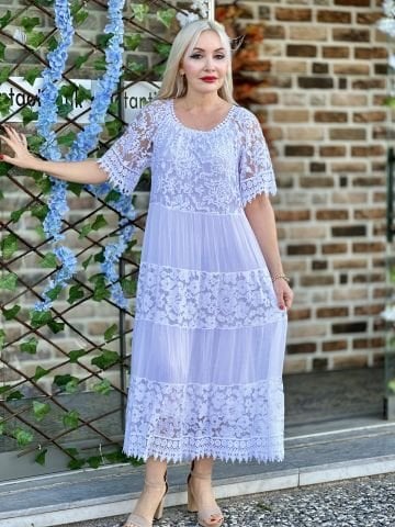 N50789 Güpürlü İtalyan İpek Elbise Beyaz