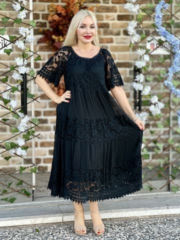 N50789 Güpürlü İtalyan İpek Elbise Siyah