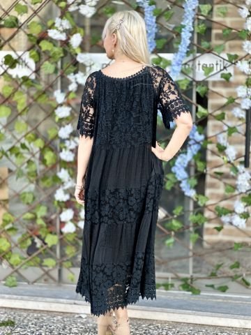 N50789 Güpürlü İtalyan İpek Elbise Siyah