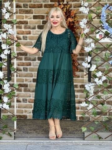N50789 Güpürlü İtalyan İpek Elbise Koyu Yeşil