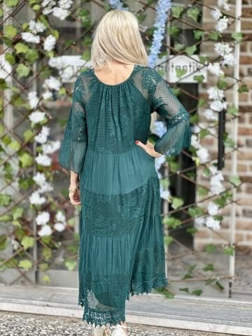 N50589 İtalyan İpek Elbise Koyu Yeşil