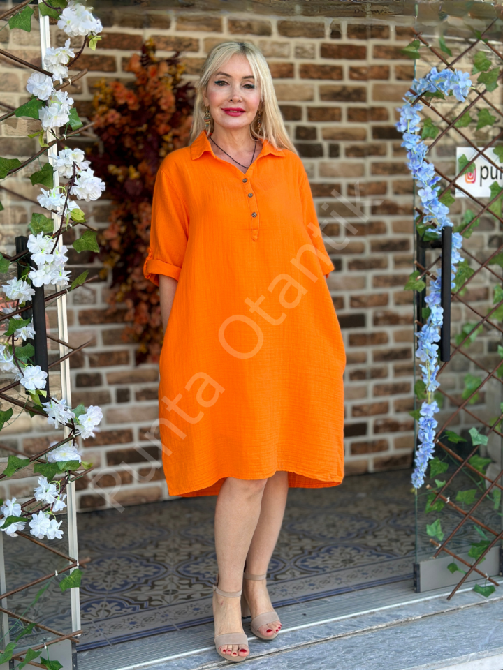 Y1673 Muslin Elbise Oranj