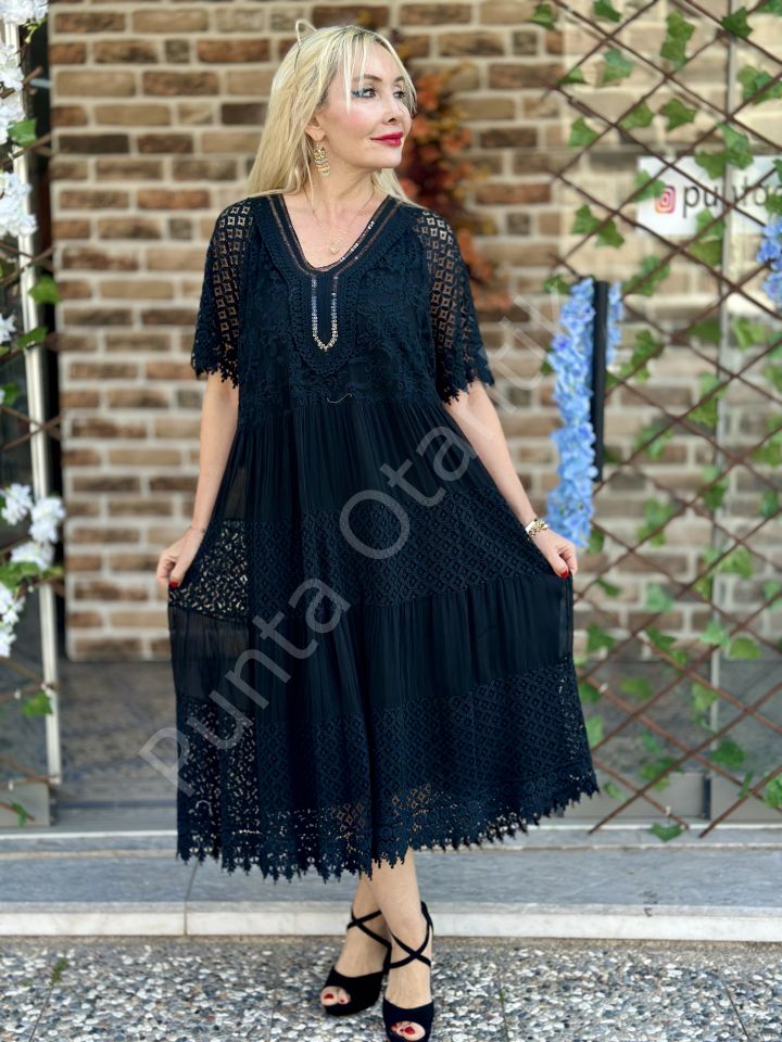 N52011 İtalyan İpek Elbise Siyah