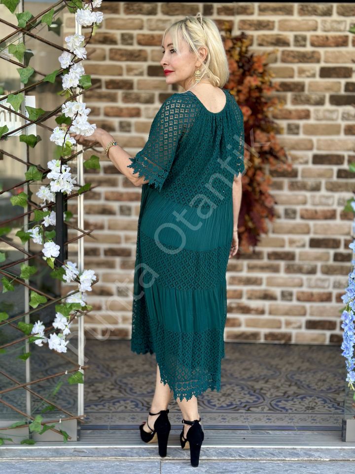 N52011 İtalyan İpek Elbise Koyu Yeşil