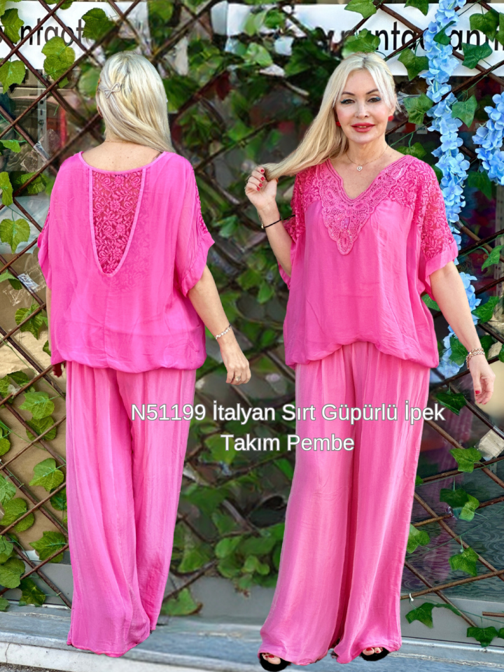 N51199 İtalyan Sırt Güpürlü İpek Takım Pembe