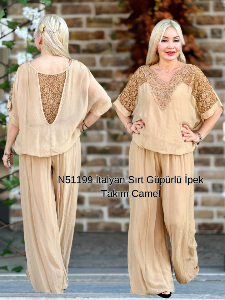 N51199 İtalyan Sırt Güpürlü İpek Takım Camel