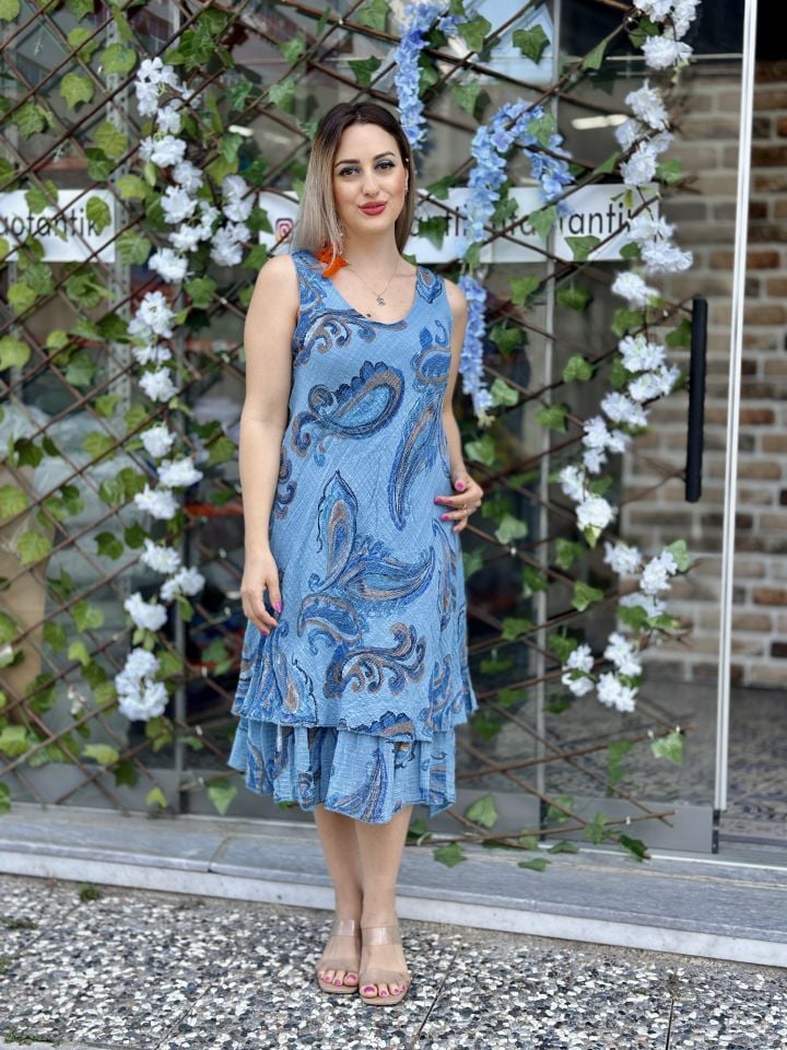 N5013-5 İtalyan Askılı Pamuk Keten Elbise Mavi