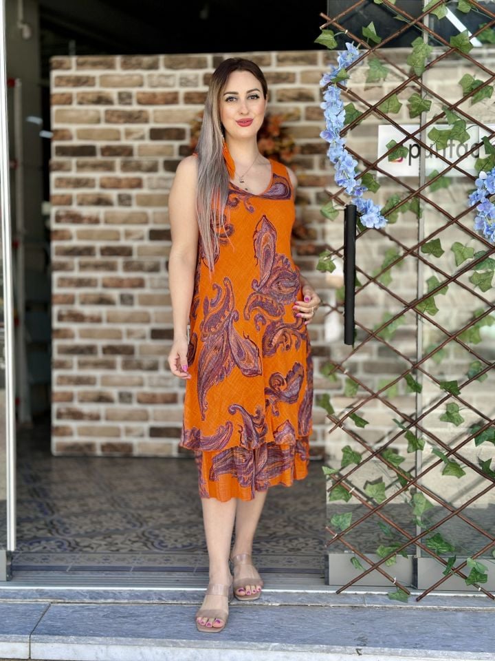 N5013-5 İtalyan Askılı Pamuk Keten Elbise Oranj