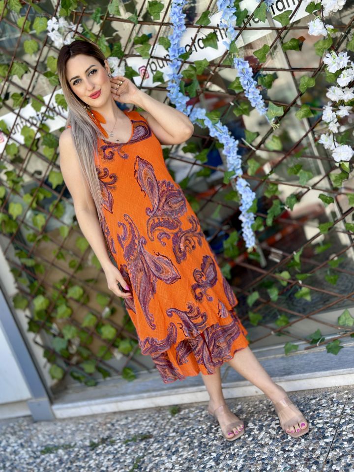 N5013-5 İtalyan Askılı Pamuk Keten Elbise Oranj