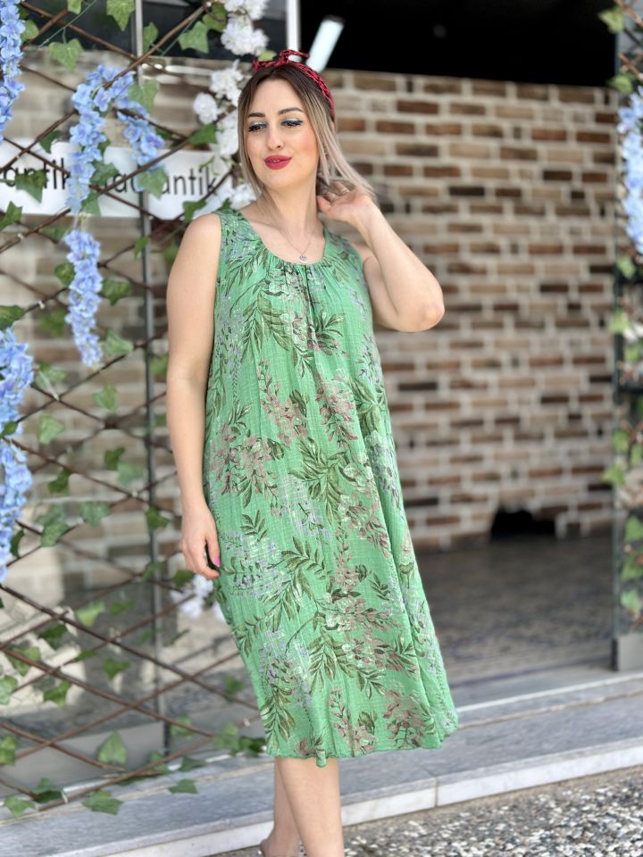N5085-01  İtalyan Askılı Pamuk Keten Elbise Yeşil