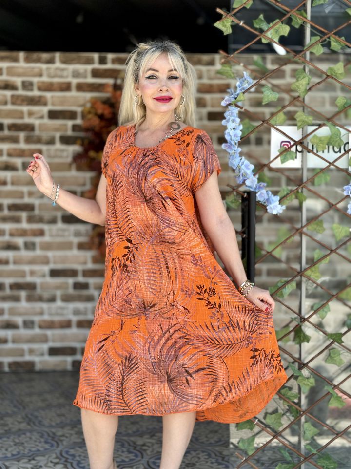 N5084-1 Yaprak Desen İtalyan Pamuk Keten Elbise Oranj