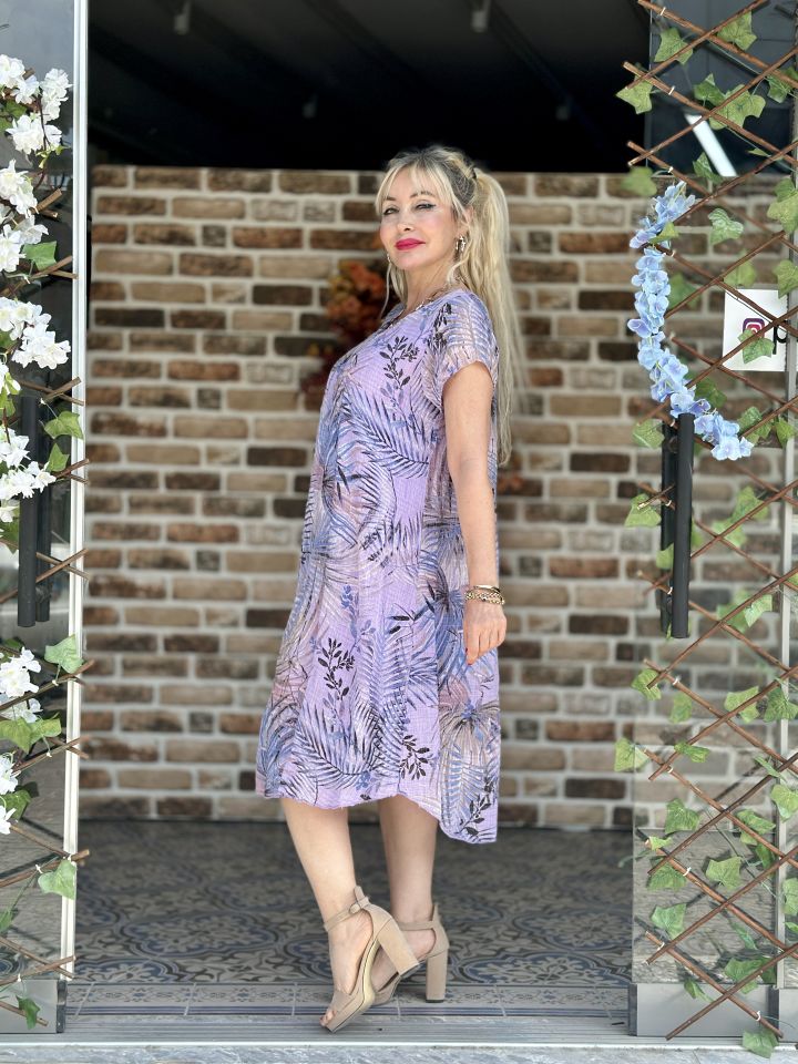N5084-1 Yaprak Desen İtalyan Pamuk Keten Elbise Lila