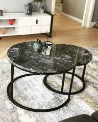 Arte Marble Marmara Siyah Orta Sehpa 2'li