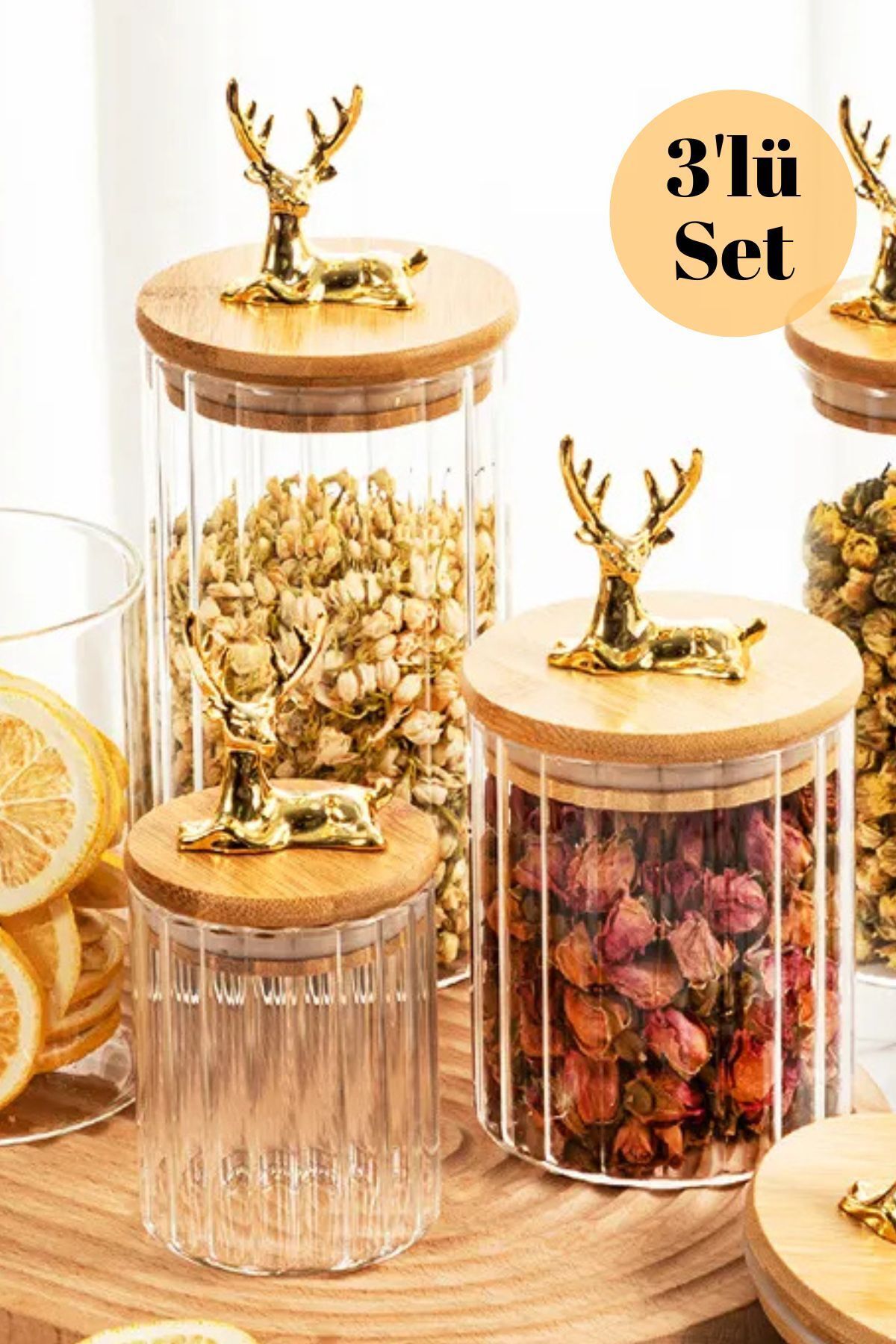 Cam Kavanoz Silikon Bambu Kapaklı Kavanoz 3lü Set