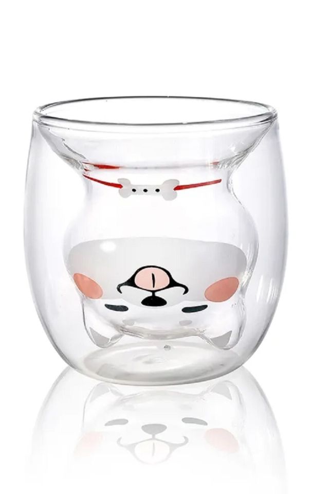 Çift Camlı Cidarlı Köpek Karakterli Eğlenceli Tasarım Borosilikat Cam Bardak 2li Set 250 Ml