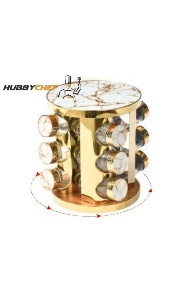 Gold Baharatlık 12'li 360 Derece Dönebilen Cam Tuzluk Ve Baharatlık Standı Beyaz Mermer