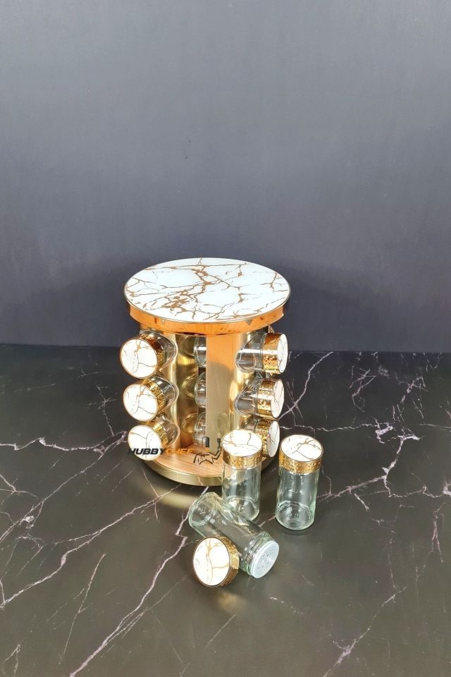 Gold Baharatlık 12'li 360 Derece Dönebilen Cam Tuzluk Ve Baharatlık Standı Beyaz Mermer