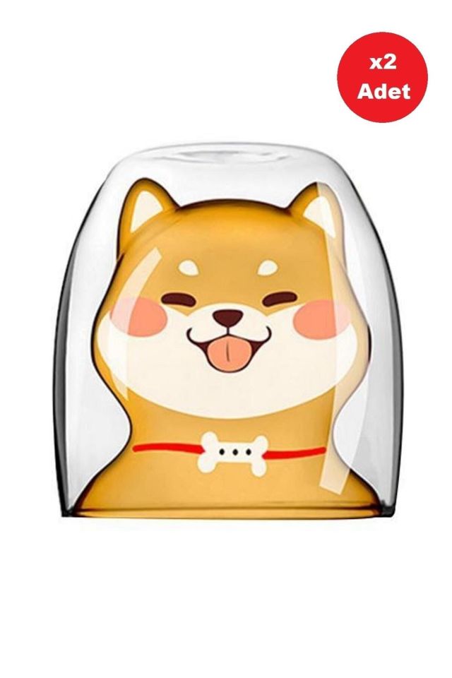 Çift Camlı Cidarlı Köpek Karakterli Eğlenceli Tasarım Borosilikat Cam Bardak 2li Set 250 Ml