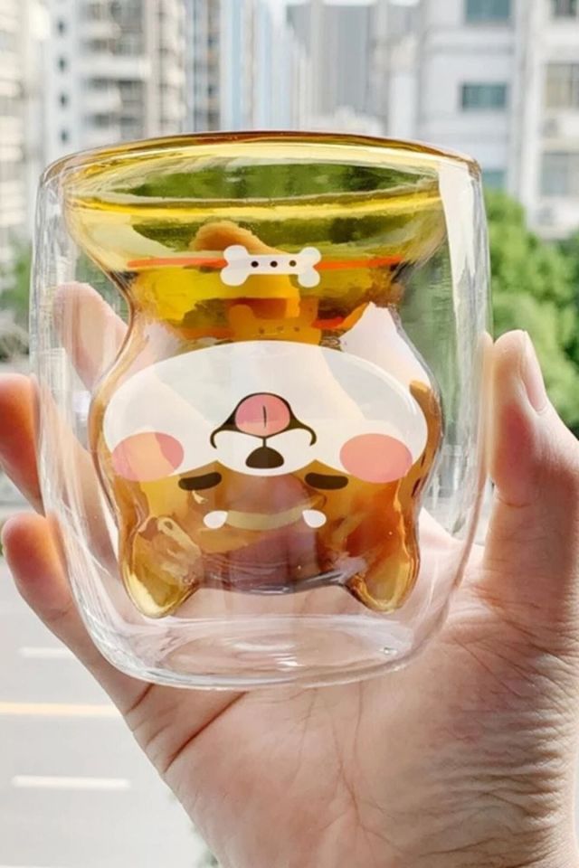 Çift Camlı Cidarlı Köpek Karakterli Eğlenceli Tasarım Borosilikat Cam Bardak 2li Set 250 Ml