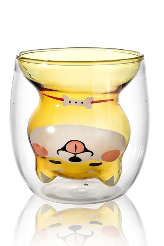 Çift Camlı Cidarlı Köpek Karakterli Eğlenceli Tasarım Borosilikat Cam Bardak 2li Set 250 Ml