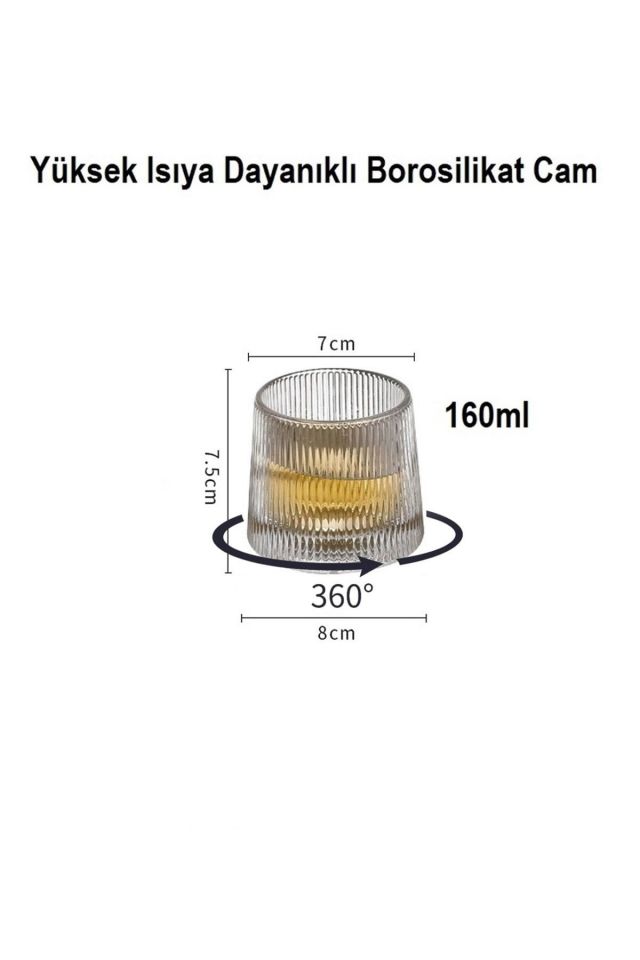 Viski Kokteyl Bardağı Kadehi 360 Dönen Cam Bardağı 2li Set 160ml Çizgi Desen