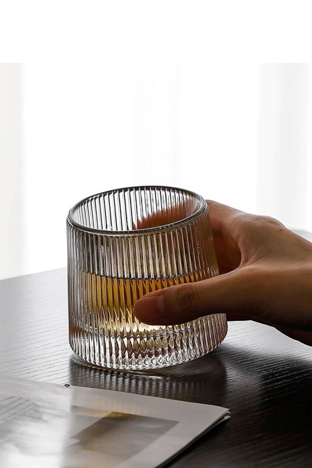 Viski Kokteyl Bardağı Kadehi 360 Dönen Cam Bardağı 2li Set 160ml Çizgi Desen