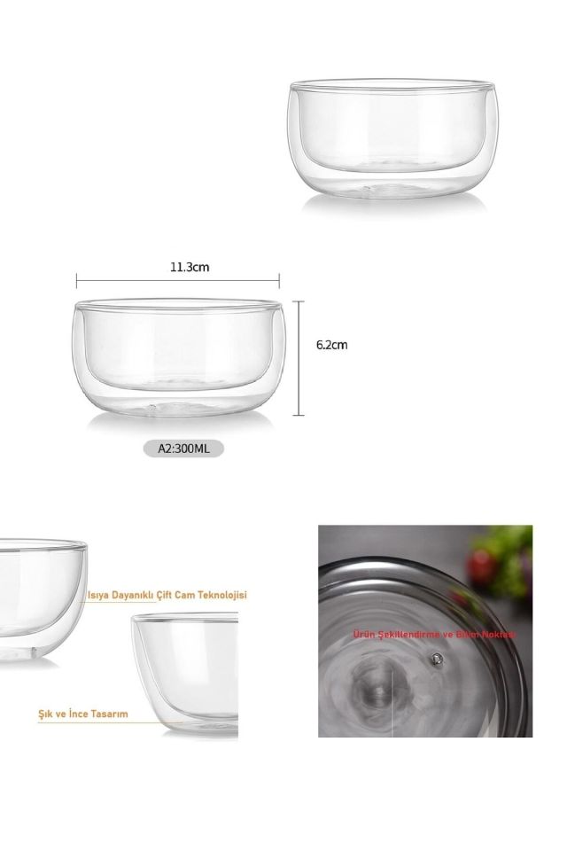 Cam Kase Çift Cidarlı 4lü Set 300ml Sunum Kasesi