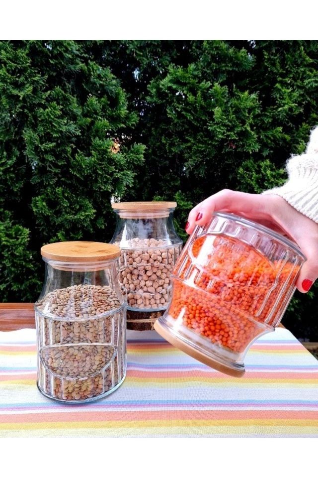 Bambu Kapaklı Cam Saklama Kavanozu 3lü Set